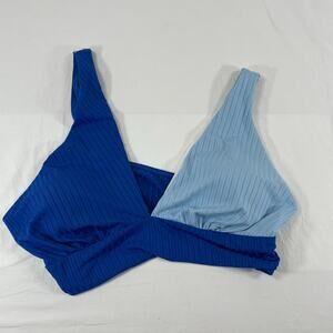 Colorblock Ribbed Bikini Top Blue Light Blue Plus Size 3XL Women's Swim